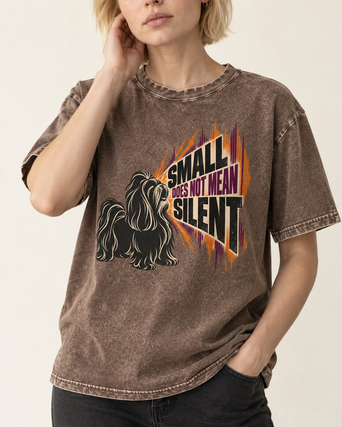 Small Not Silent Shih Tzu Washed Tee in Coffee, worn by a model, front view