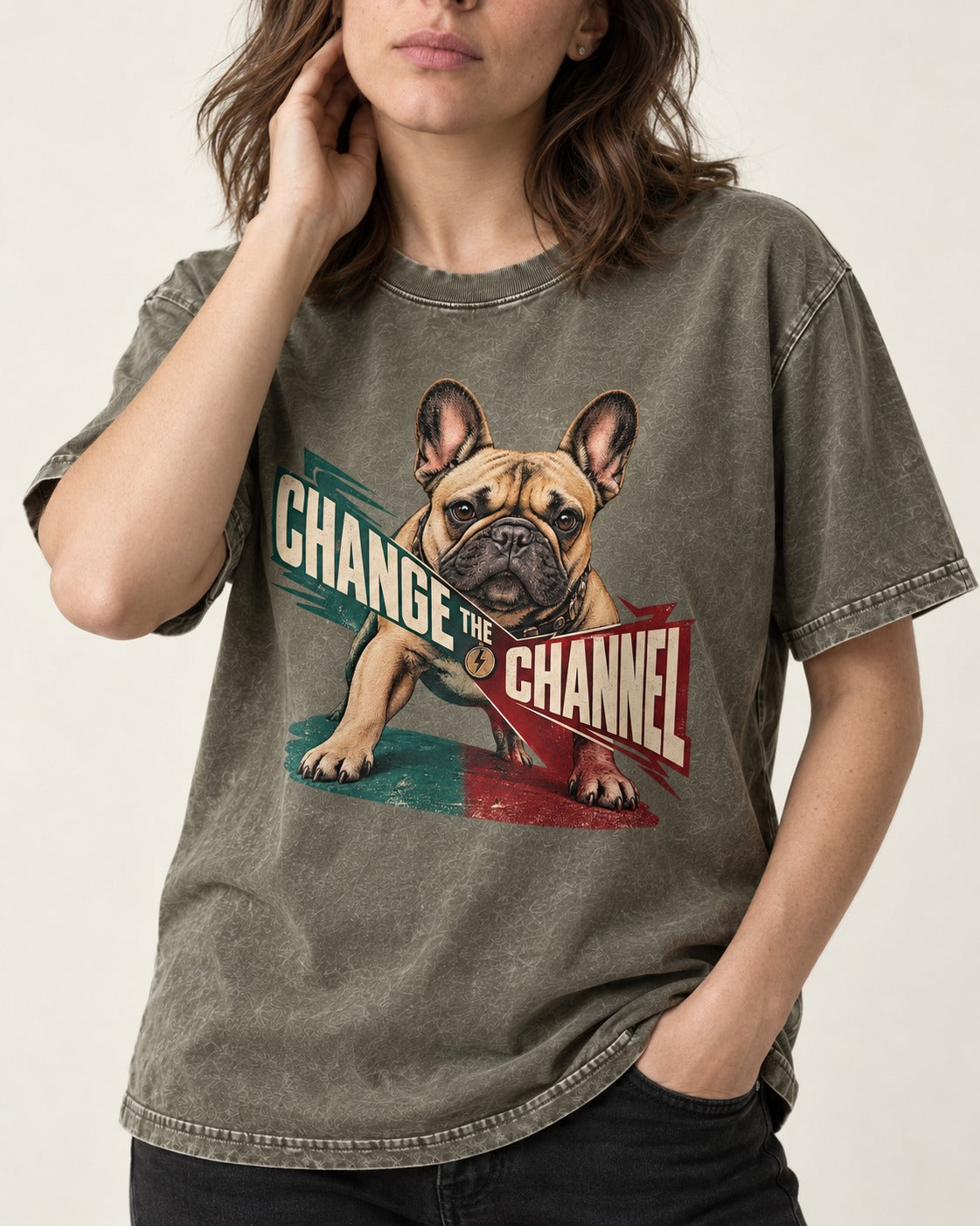Frenchie Change the Channel Graphic Washed Tee in Army Green, worn by a model, front view