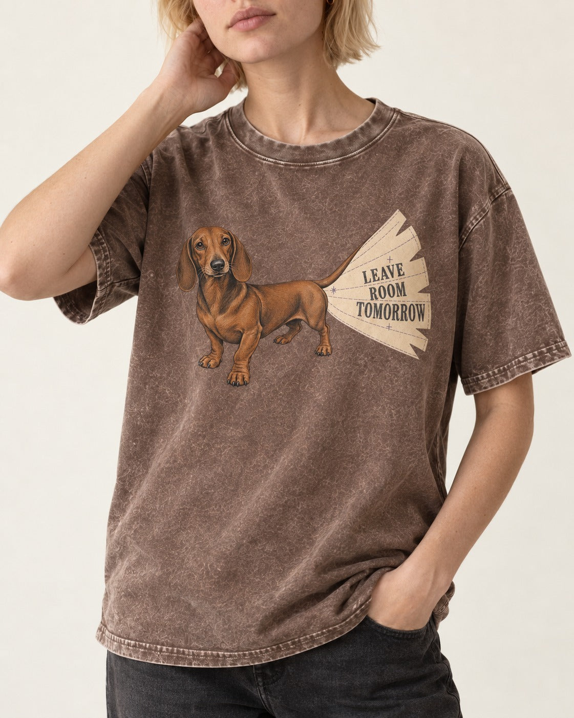 Dachshund Leave Room Tomorrow Washed Tee in Coffee, worn by a model, front view