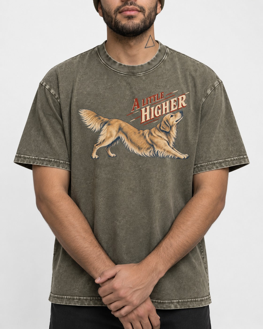 Golden Retriever A Little Higher Play Bow Graphic Washed Tee in Army Green, worn by a model, front view