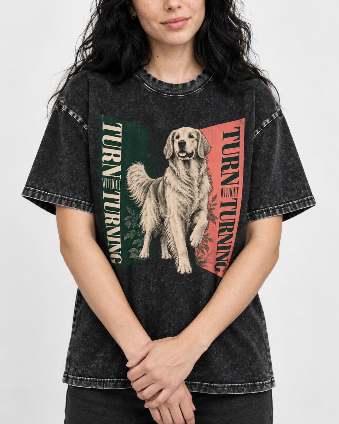 Golden Retriever Turn Without Turning Gateway Graphic Washed Tee in Black, worn by a model, front view