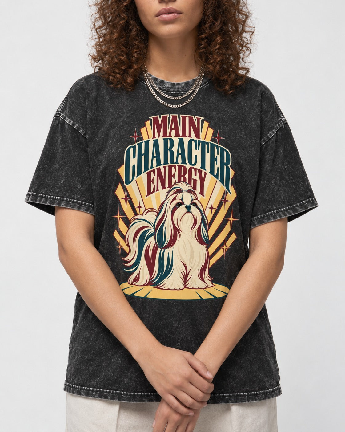 Shih Tzu Main Character Energy Art Deco Graphic Washed Tee in Black, worn by a model, front view