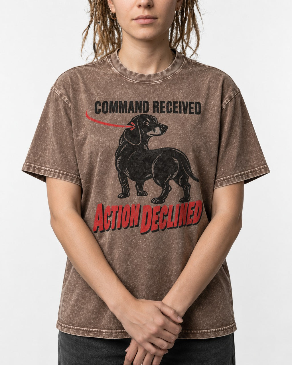Dachshund Action Declined Washed Tee in Coffee, worn by a model, front view