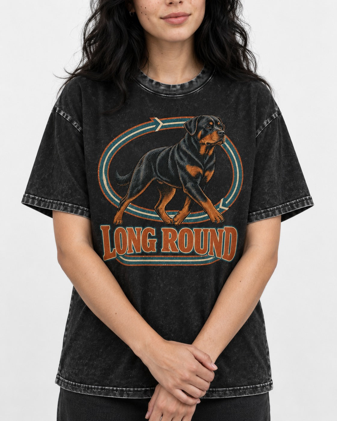Rottweiler Long Round Circular Track Graphic Washed Tee in Black, worn by a model, front view