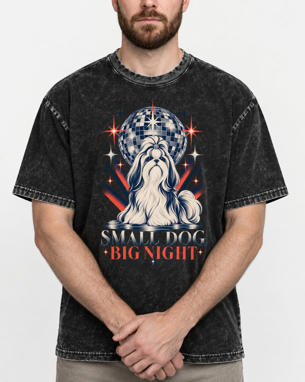 Shih Tzu Small Dog Big Night Disco Graphic Washed Tee in Black, worn by a model, front view