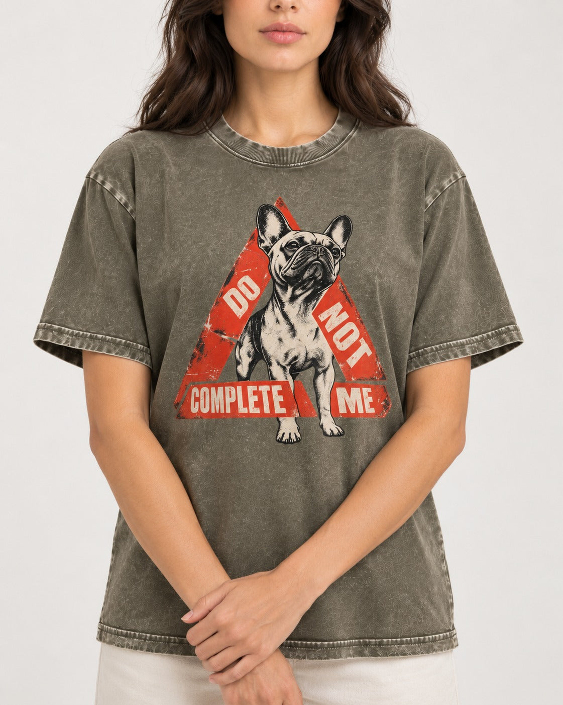Frenchie Do Not Complete Me Warning Triangle Graphic Washed Tee in Army Green, worn by a model, front view
