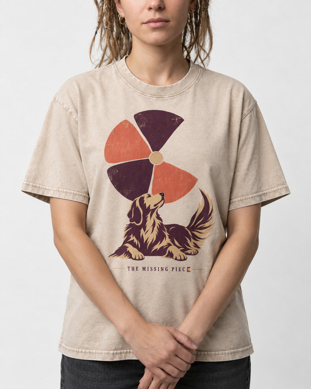 Golden Retriever Is My Missing Piece Washed Tee in Apricot, worn by a model, front view