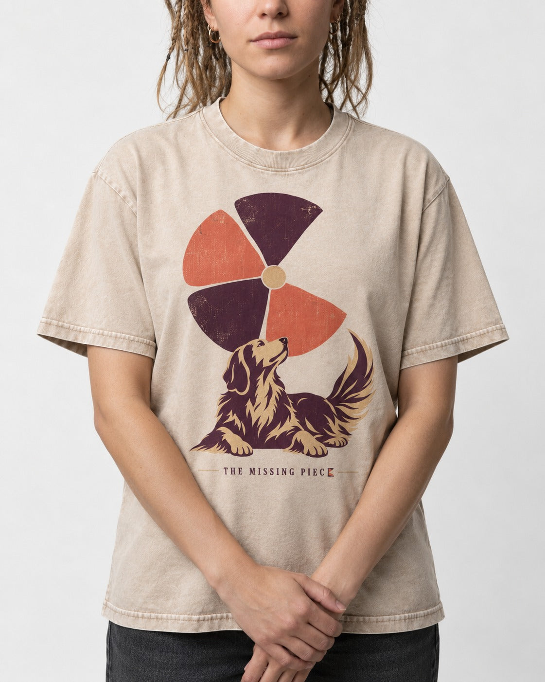 Golden Retriever Is My Missing Piece Washed Tee in Apricot, worn by a model, front view