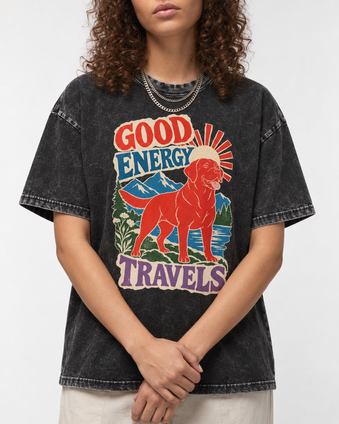 Labrador Retriever Good Energy Travels Adventure Graphic Washed Tee in Black, worn by a model, front view