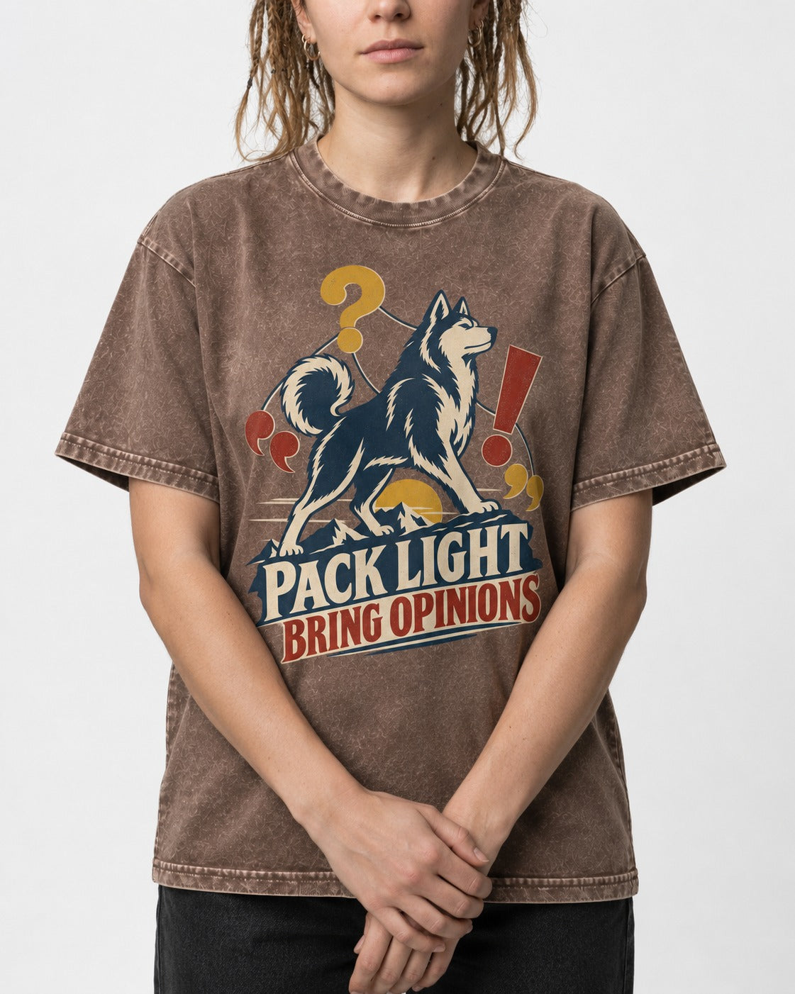 Husky Pack Light Bring Opinions Washed Tee in Coffee, worn by a model, front view