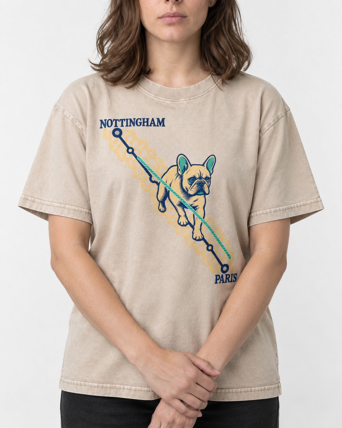 Nottingham to Paris Frenchie Washed Tee in Apricot, worn by a model, front view