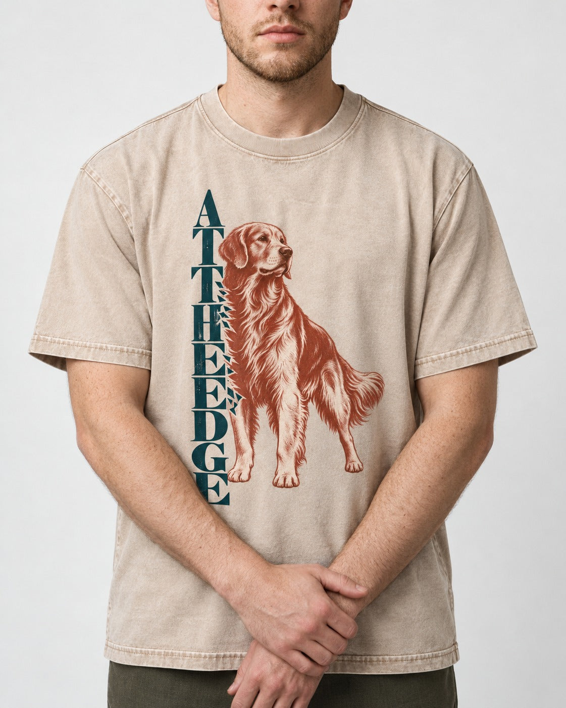 Golden Retriever At the Edge Washed Tee in Apricot, worn by a model, front view