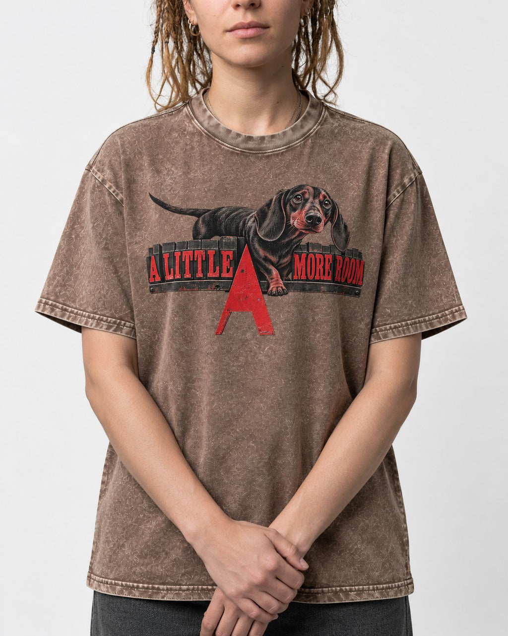 More Room for Dachshund Washed Tee in Coffee, worn by a model, front view