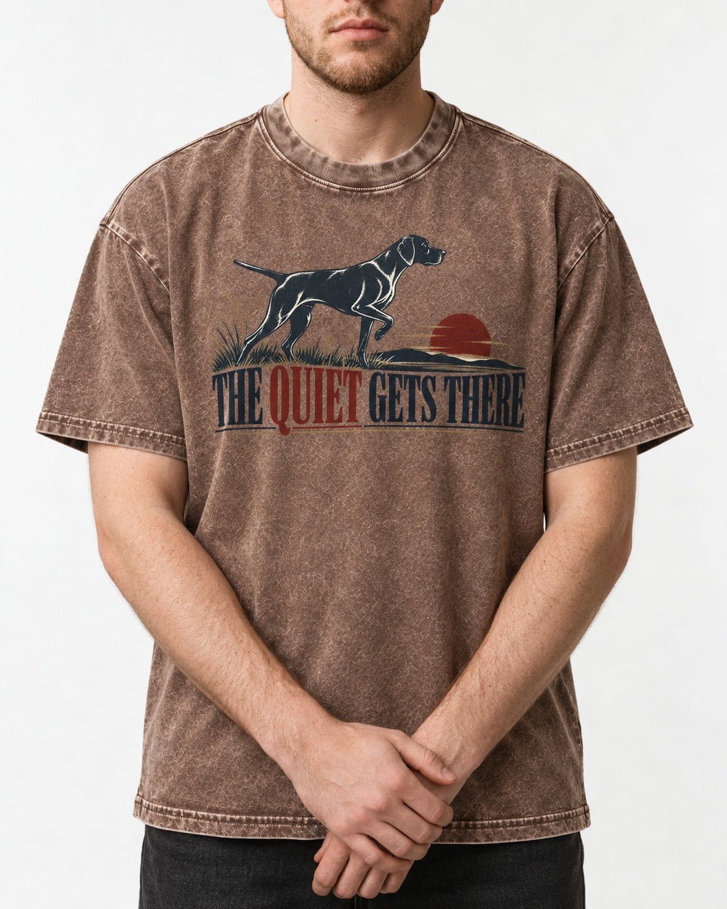 The Quiet Gets There German Shorthaired Pointer Washed Tee in Coffee, worn by a model, front view