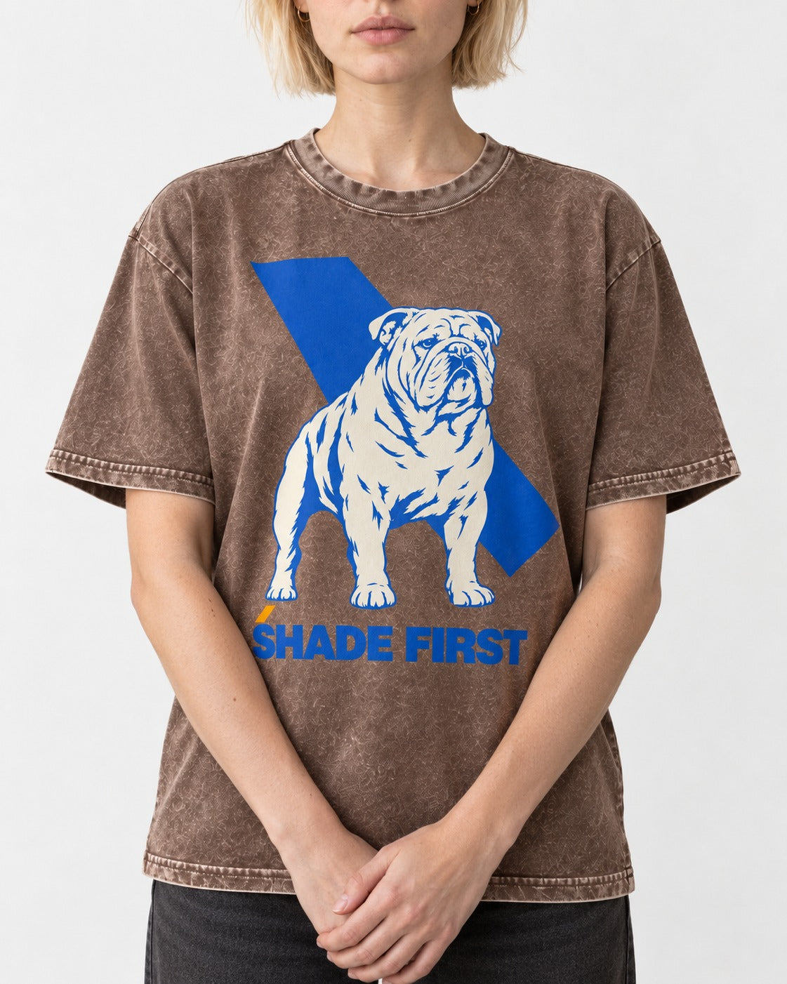 Shade First English Bulldog Washed Tee in Coffee, worn by a model, front view