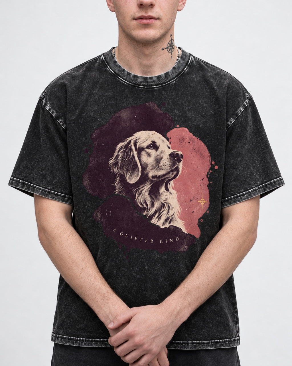 Golden Retriever A Quieter Kind Ink Wash Portrait Graphic Washed Tee in Black, worn by a model, front view