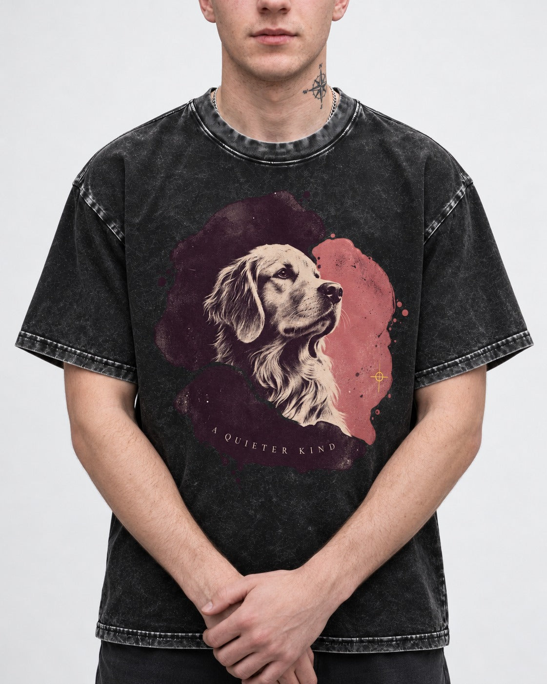 Golden Retriever A Quieter Kind Ink Wash Portrait Graphic Washed Tee in Black, worn by a model, front view