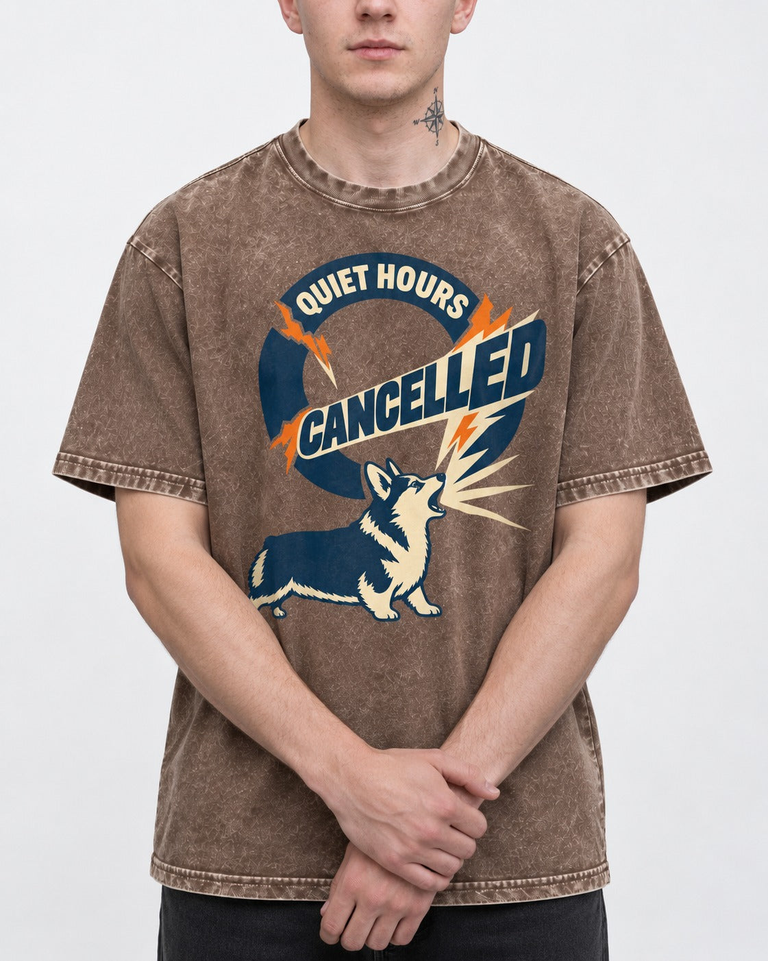 Corgi Quiet Hours Cancelled Calling Badge Graphic Washed Tee in Coffee, worn by a model, front view