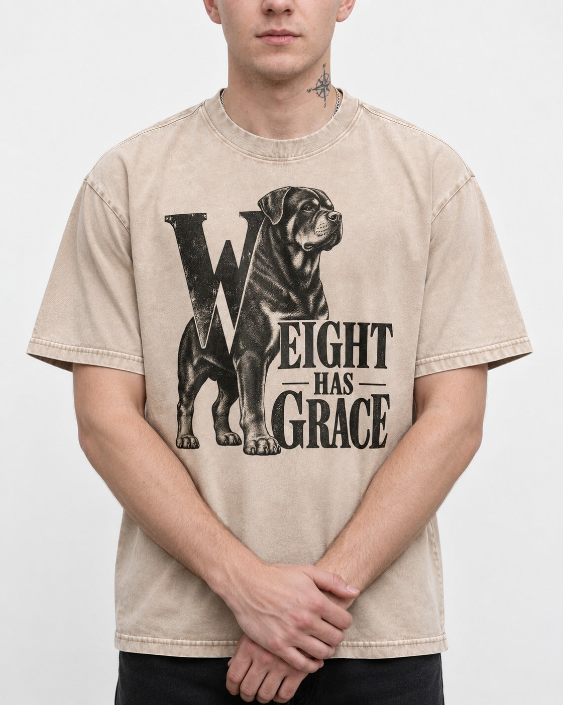 Rottweiler Weight Has Grace Washed Tee in Apricot, worn by a model, front view