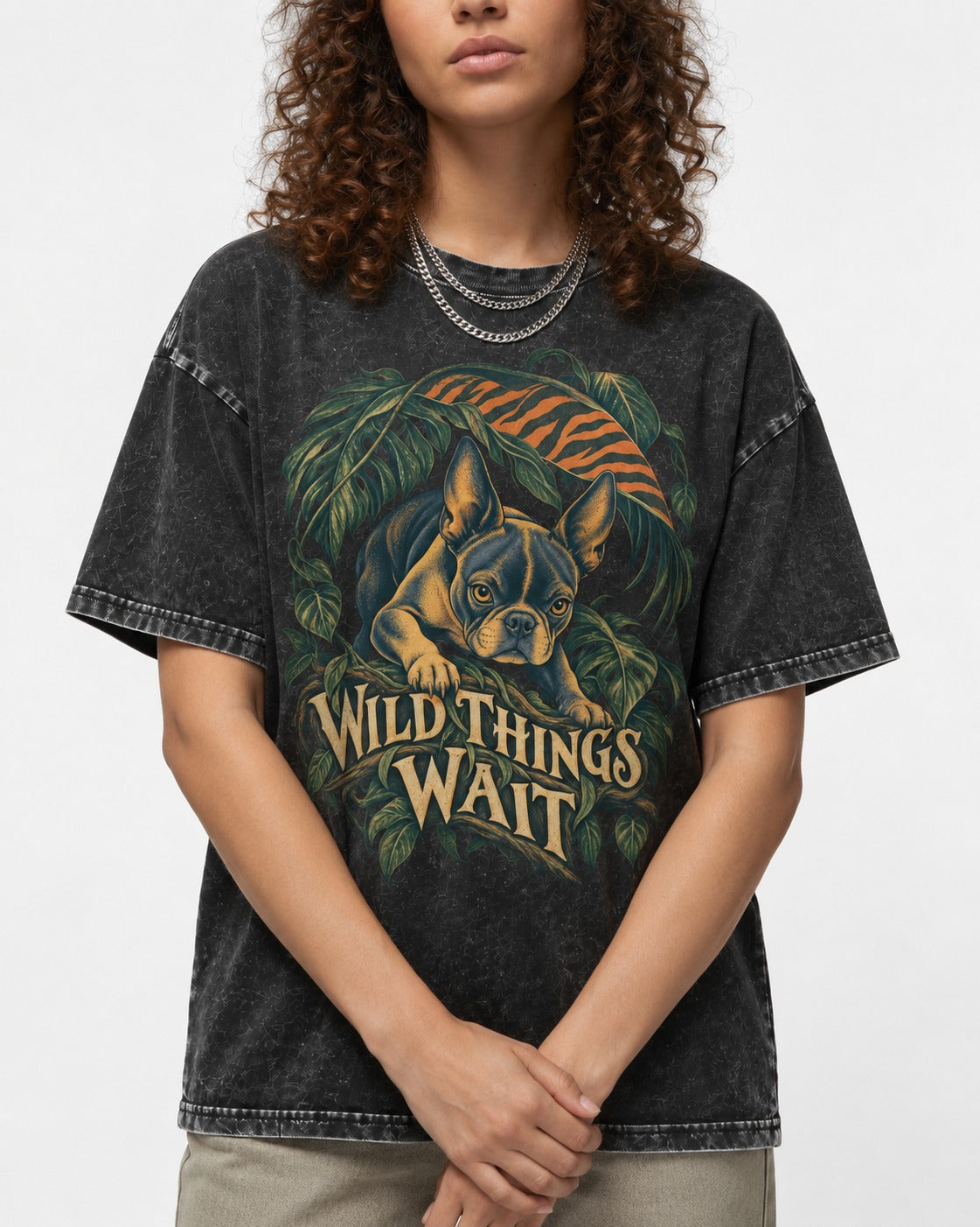 Boston Terrier Wild Things Wait Washed Tee in Black, worn by a model, front view