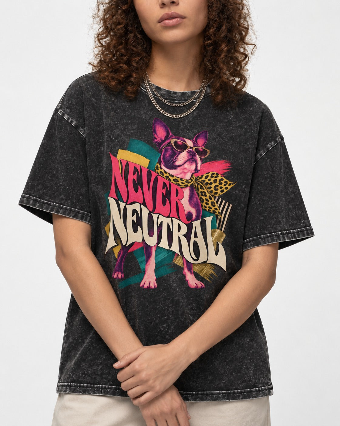 Boston Terrier Never Neutral Fashion Collage Graphic Washed Tee in Black, worn by a model, front view