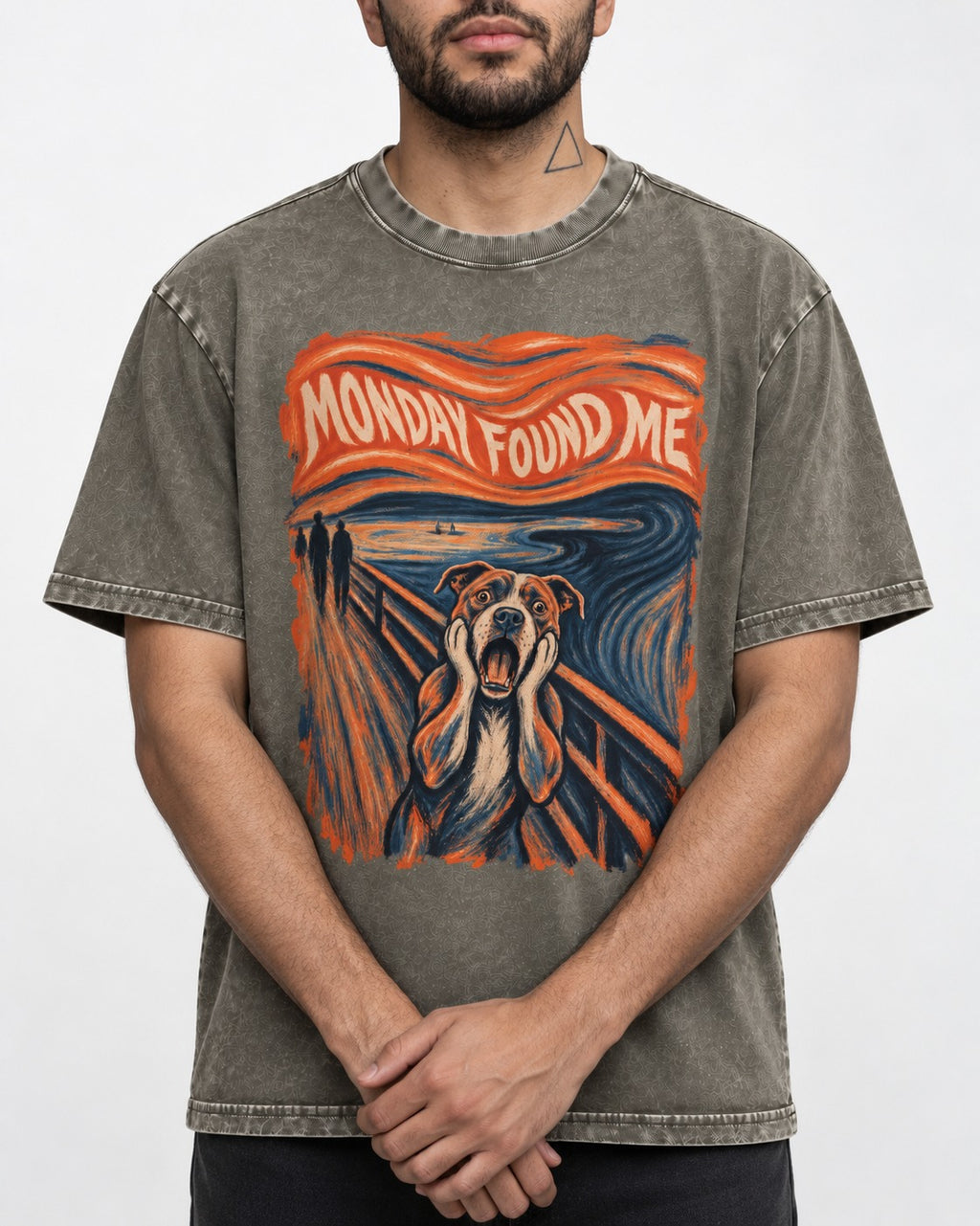 Pitbull Monday Found Me Expressionist Scream Graphic Washed Tee in Army Green, worn by a model, front view