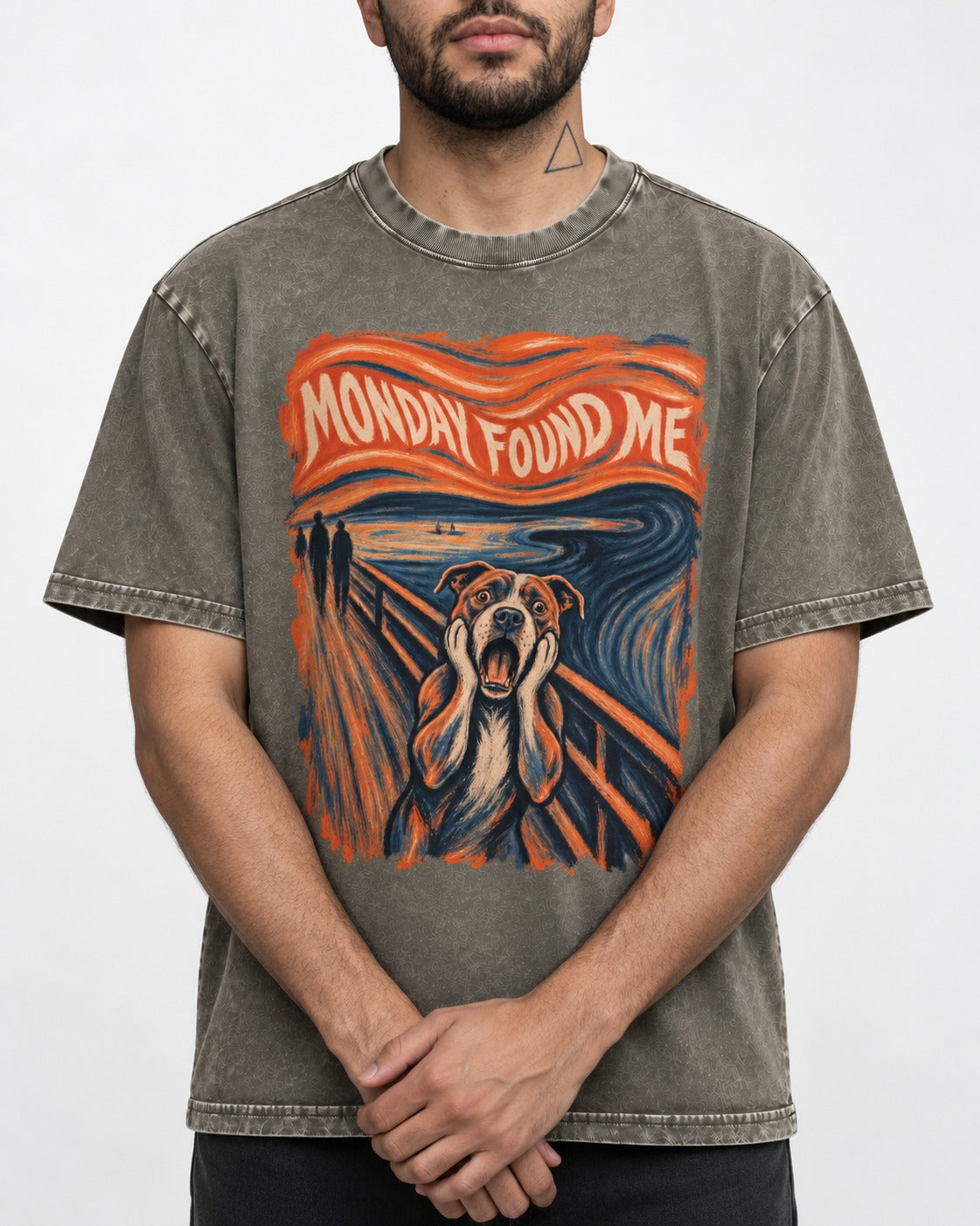 Pitbull Monday Found Me Expressionist Scream Graphic Washed Tee in Army Green, worn by a model, front view
