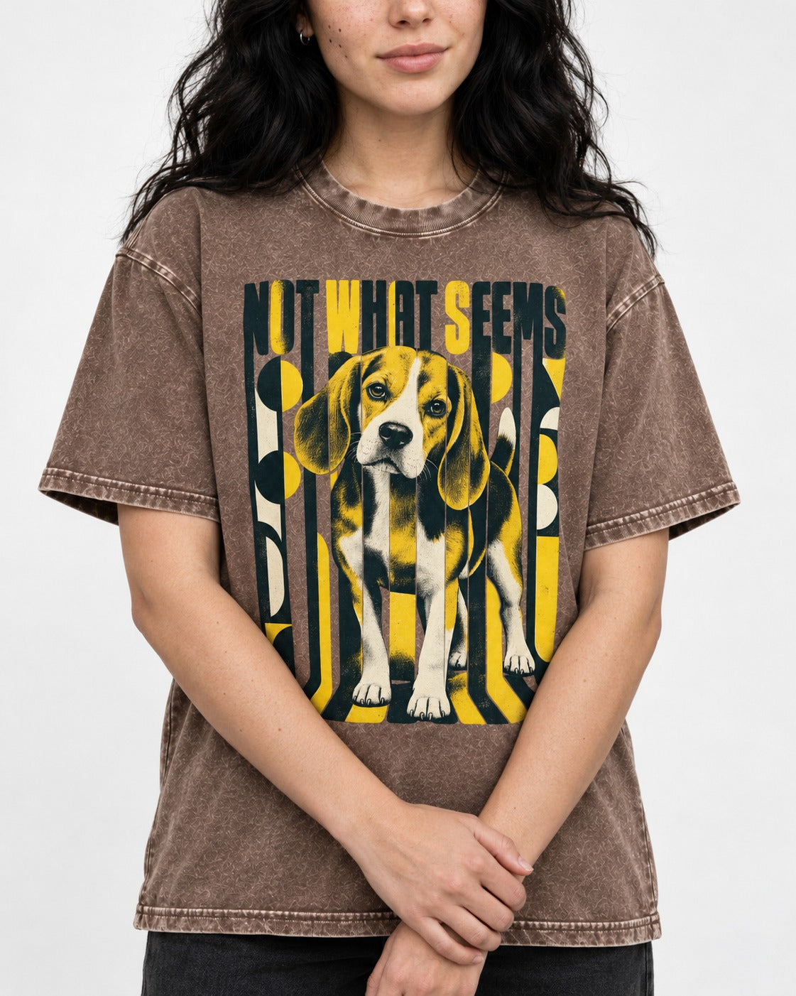 Not What It Seems Beagle Washed Tee in Coffee, worn by a model, front view