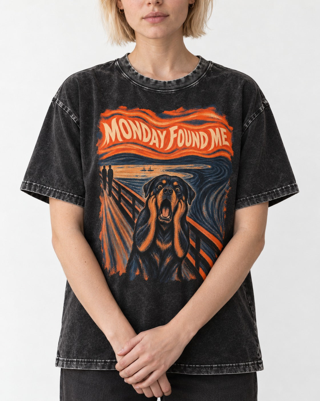Rottweiler Monday Found Me Scream Parody Graphic Washed Tee in Black, worn by a model, front view