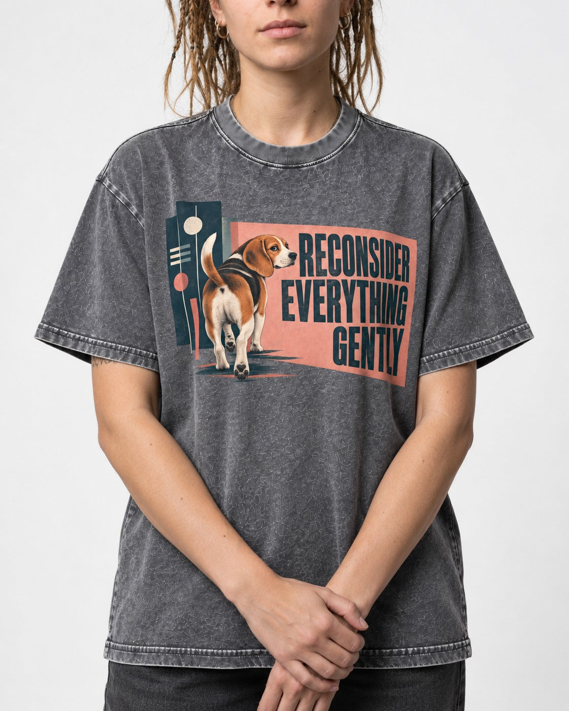 Beagle Reconsider Everything Gently Retro Graphic Washed Tee in Gray, worn by a model, front view