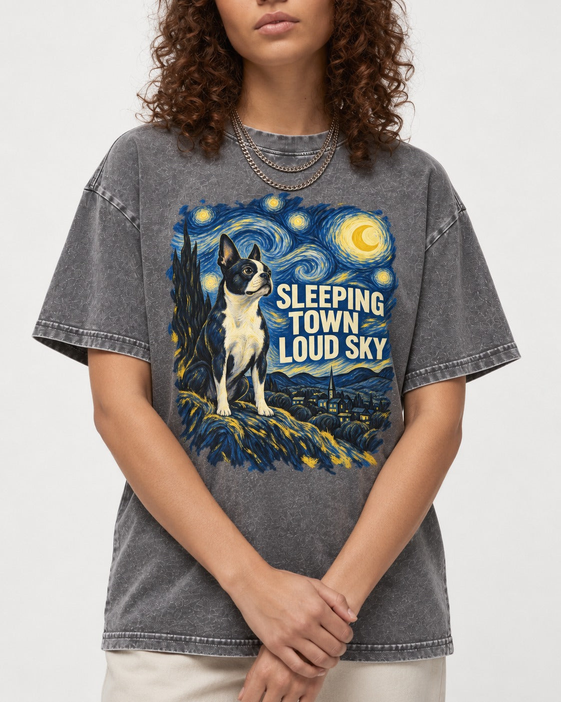 Sleeping Town Loud Sky Boston Terrier Starry Night Washed Tee in Gray, worn by a model, front view