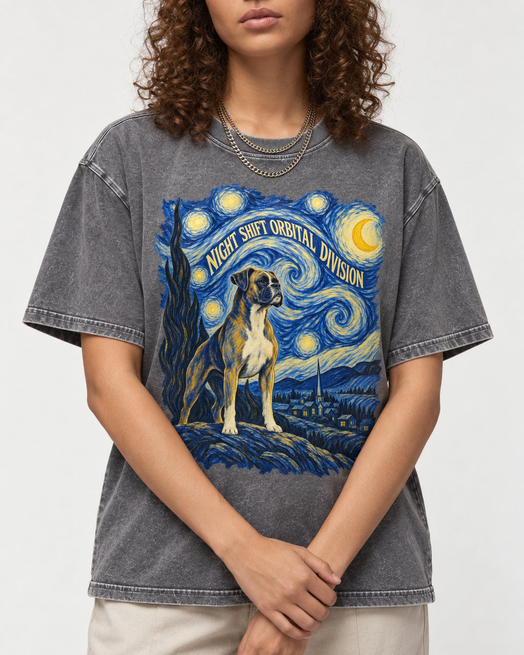 Night Shift Orbital Division Boxer Night Sky Graphic Washed Tee in Gray, worn by a model, front view