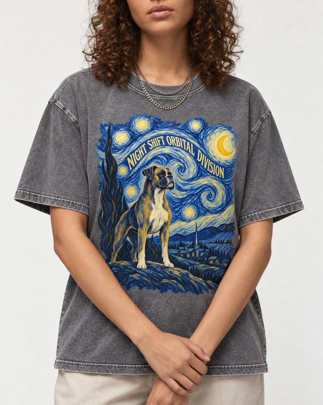 Night Shift Orbital Division Boxer Night Sky Graphic Washed Tee in Gray, worn by a model, front view
