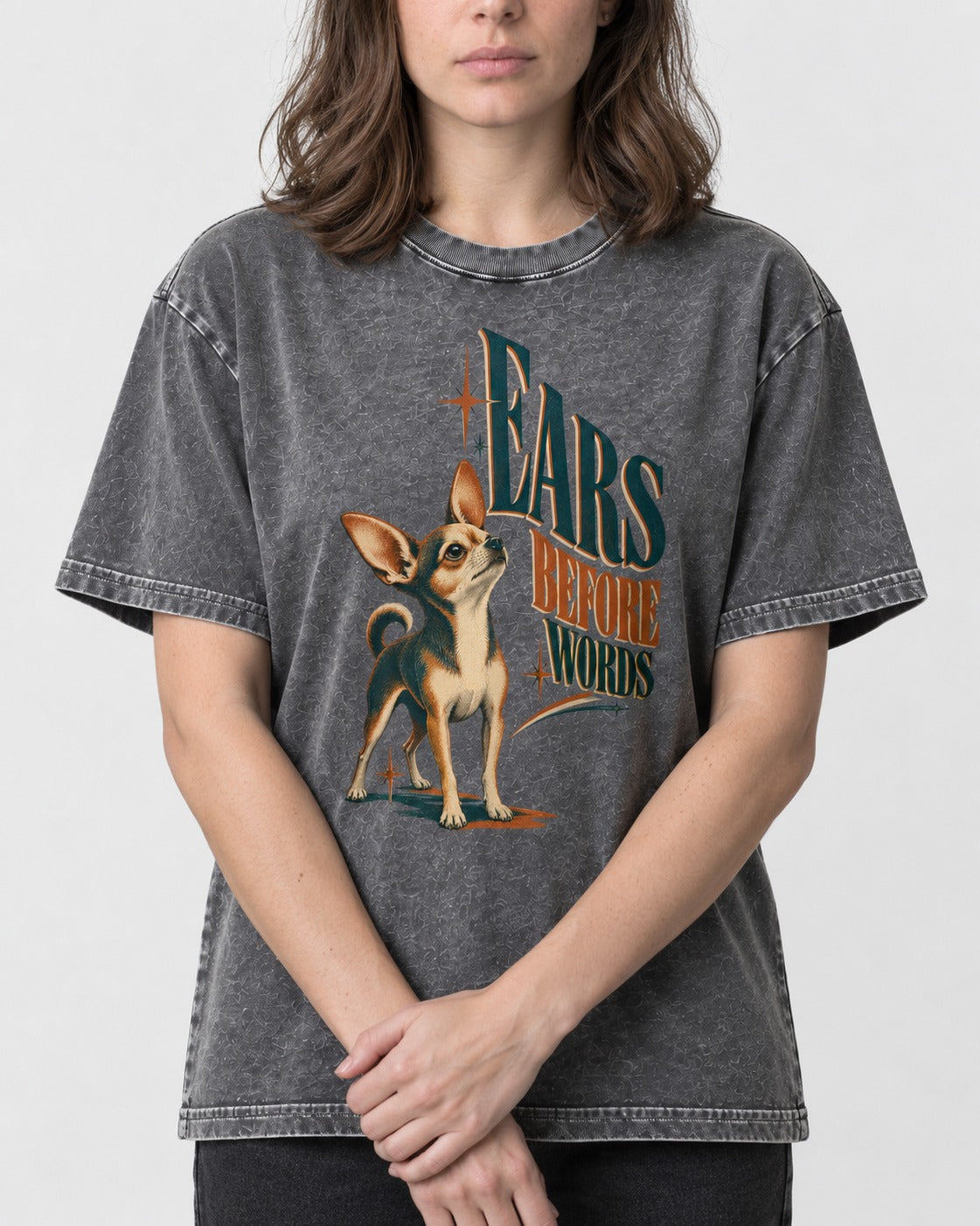 Chihuahua Ears Before Words Retro Typography Washed Tee in Gray, worn by a model, front view