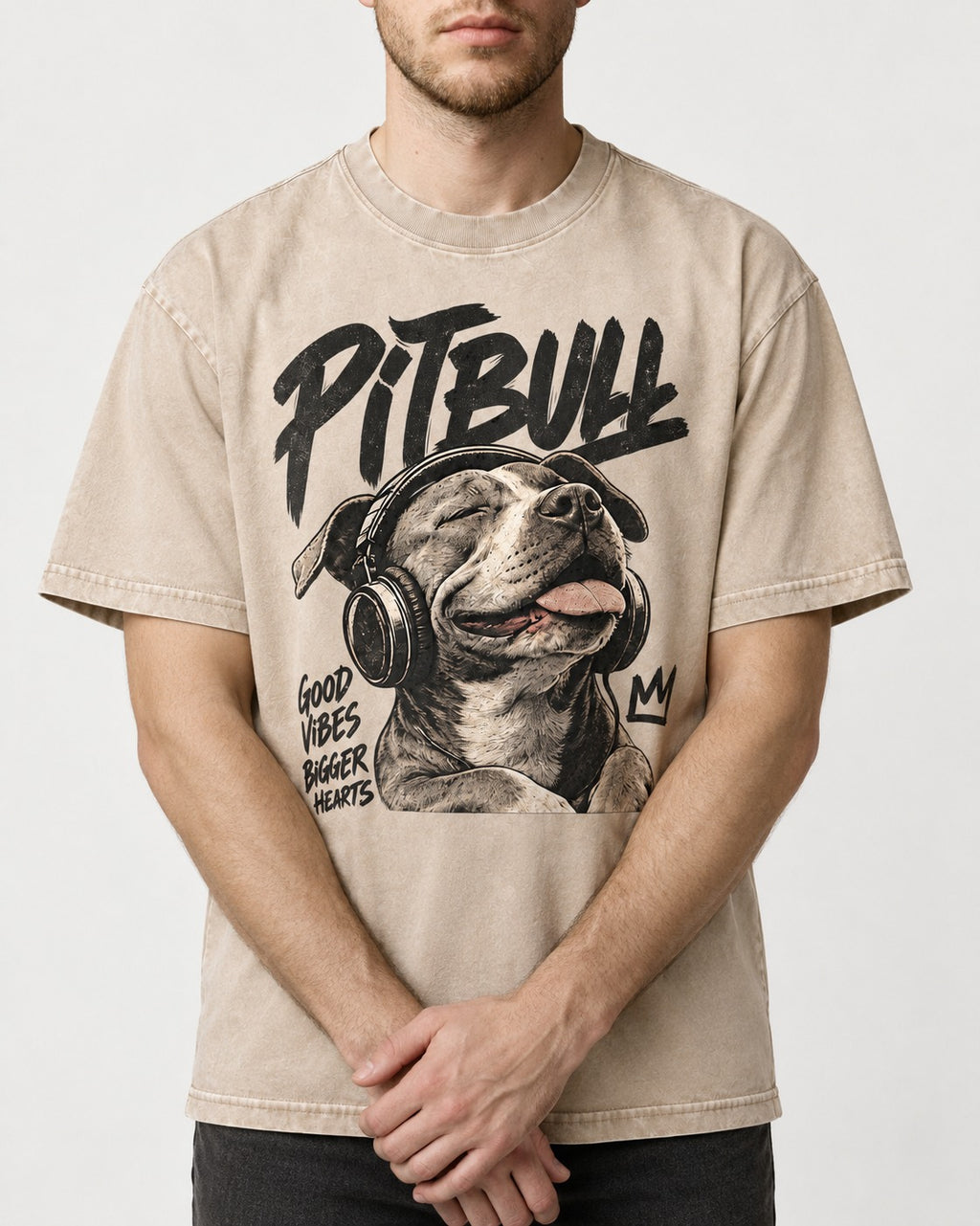 Pitbull Good Vibes Bigger Hearts Washed Tee in Apricot, worn by a model, front view