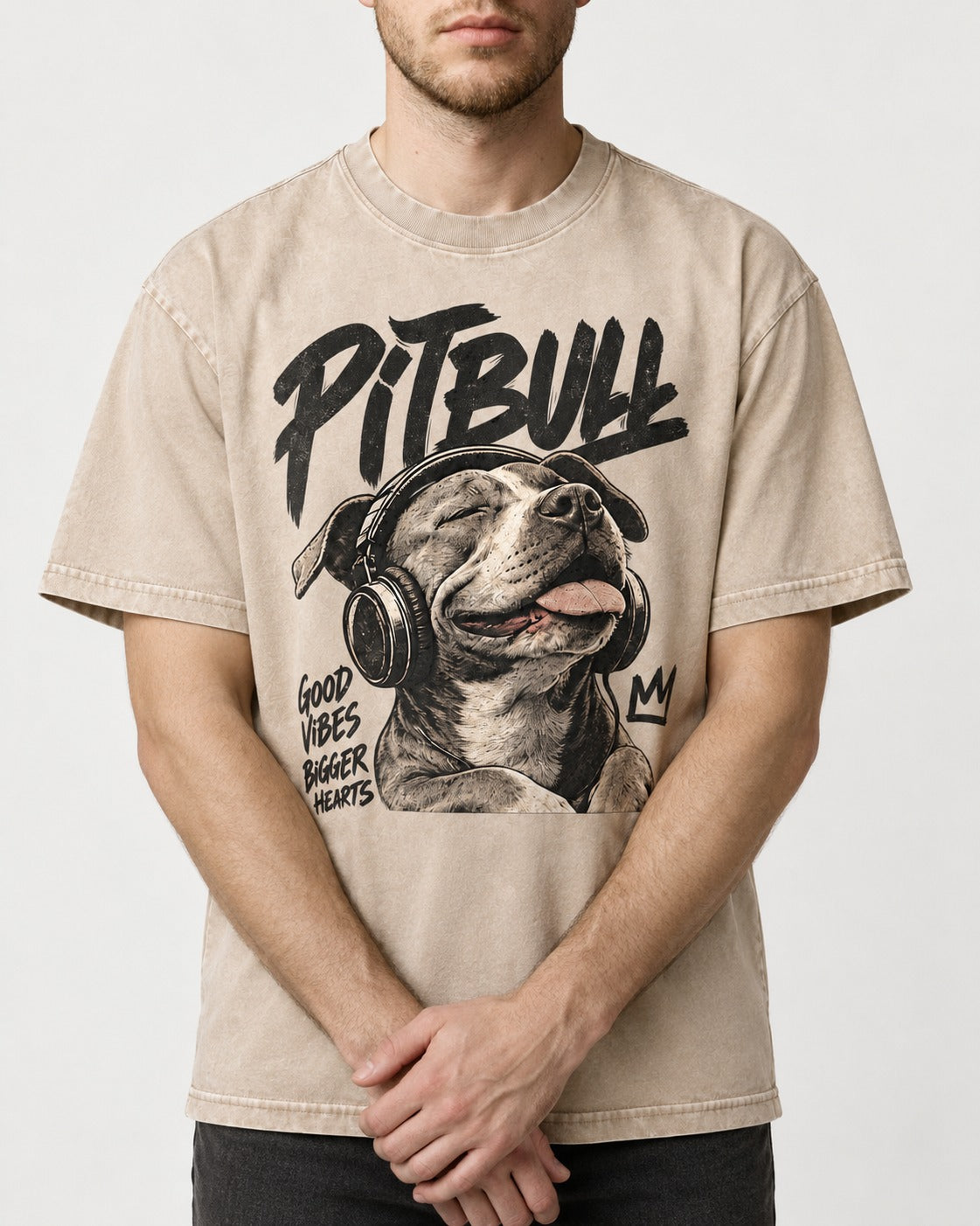 Pitbull Good Vibes Bigger Hearts Washed Tee in Apricot, worn by a model, front view
