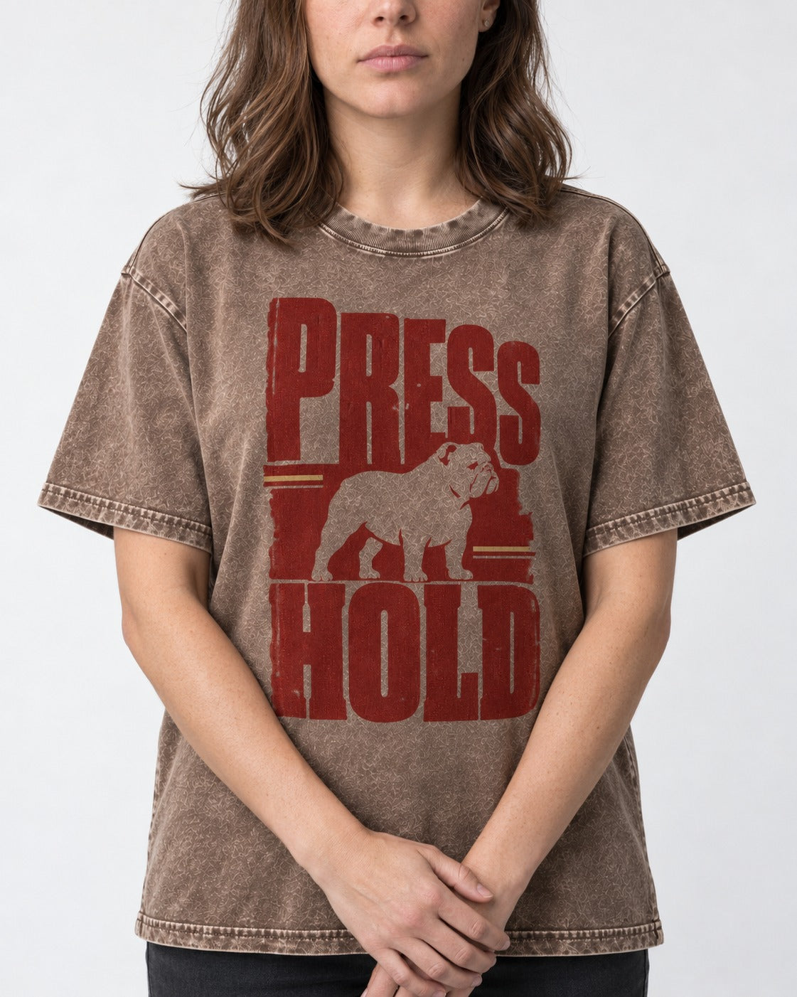 English Bulldog Press and Hold Washed Tee in Coffee, worn by a model, front view