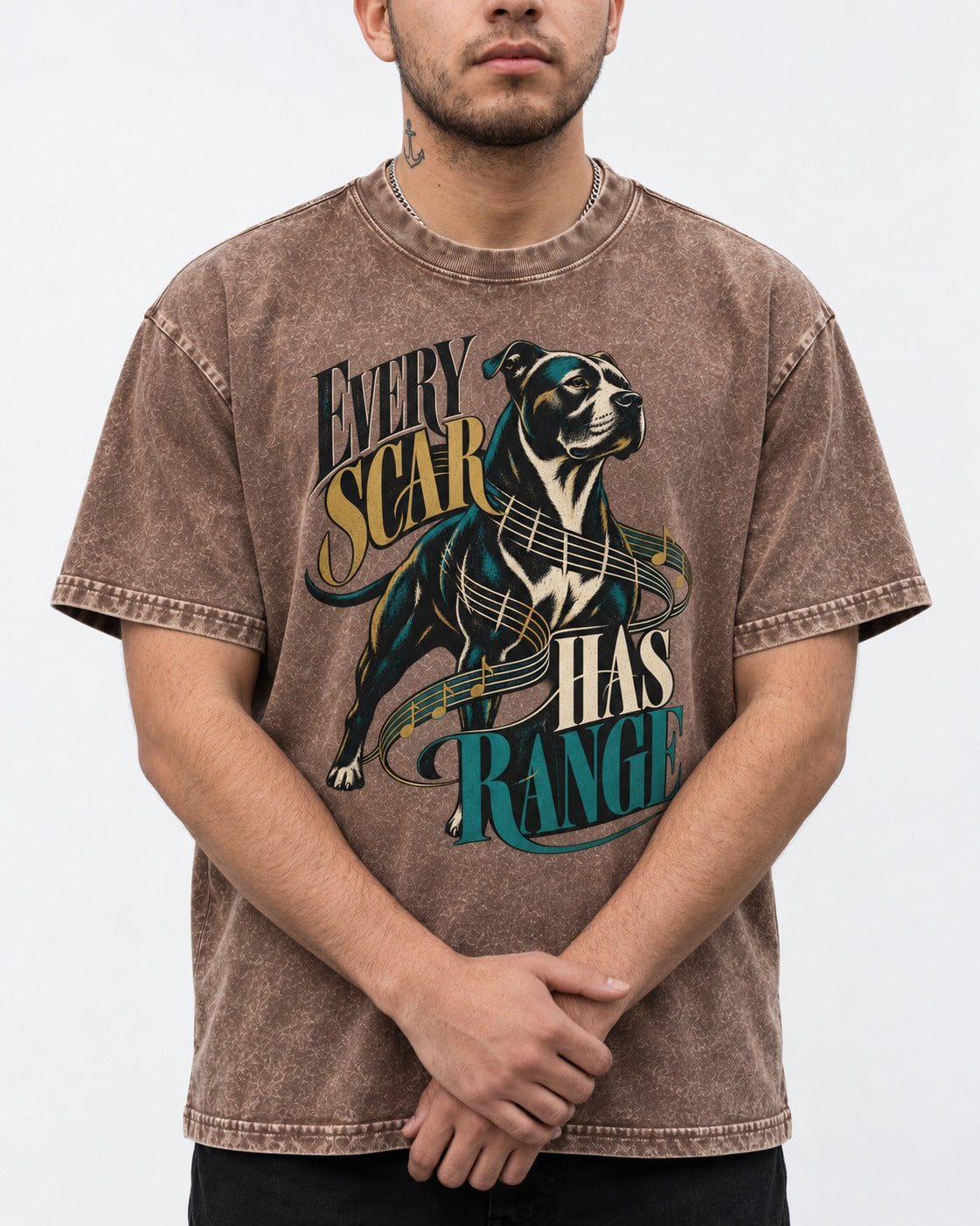Every Pitbull Scar Has Range Washed Tee in Coffee, worn by a model, front view