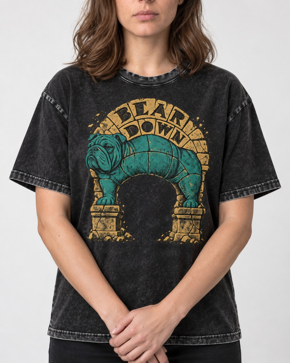 English Bulldog Bear Down Stone Arch Graphic Washed Tee in Black, worn by a model, front view
