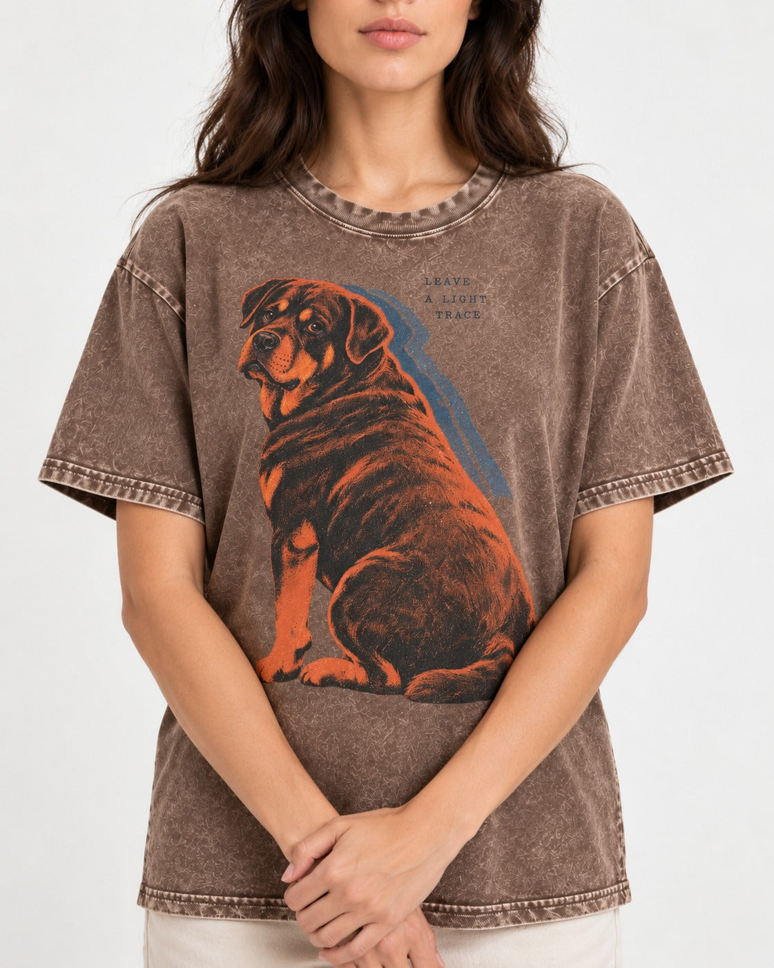 Rottweiler Leave a Light Trace Washed Tee in Coffee, worn by a model, front view