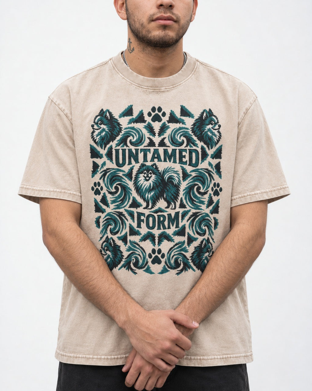 Pomeranian Untamed Form Washed Tee in Apricot, worn by a model, front view
