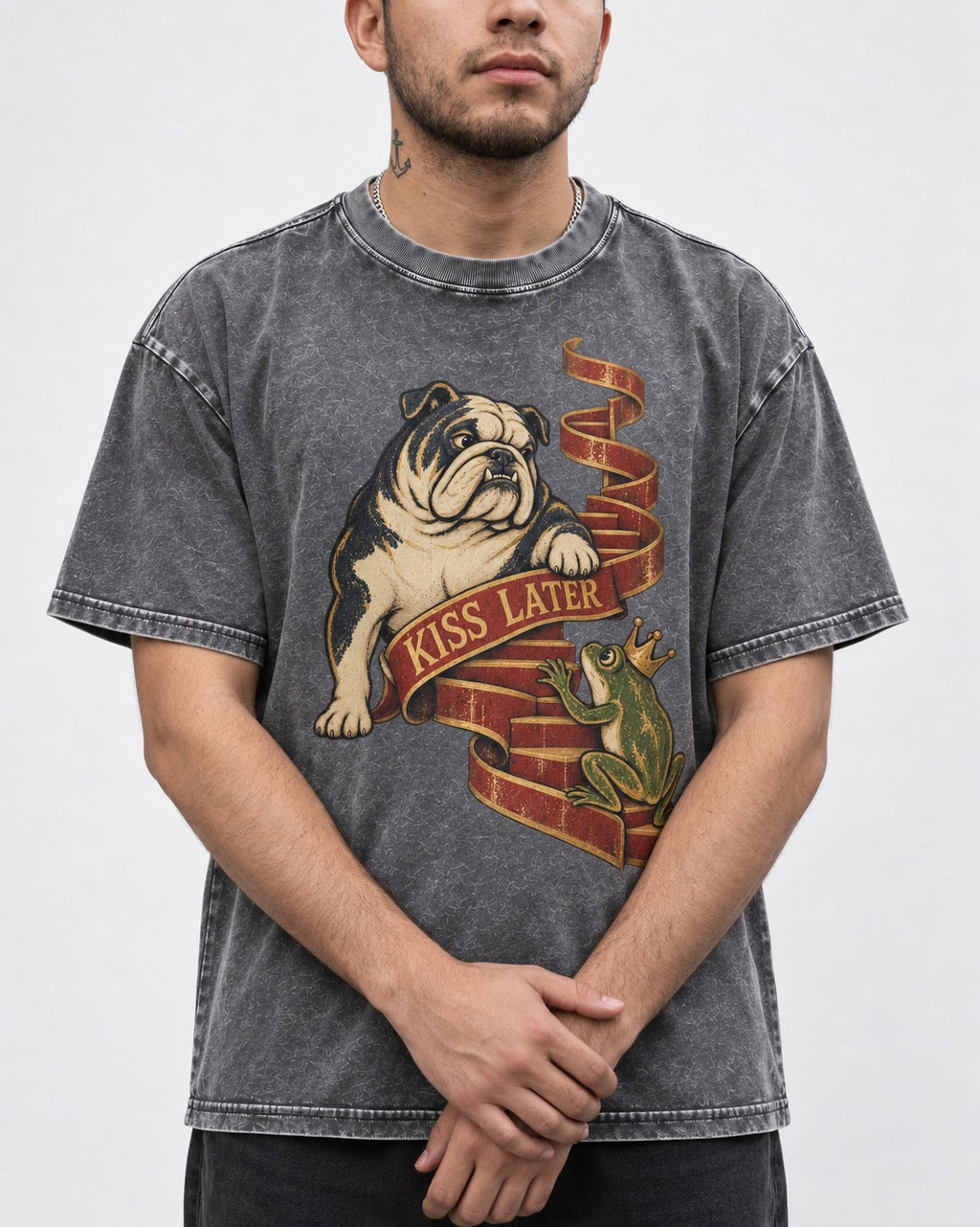 English Bulldog Kiss Later Frog Prince Graphic Washed Tee in Gray, worn by a model, front view