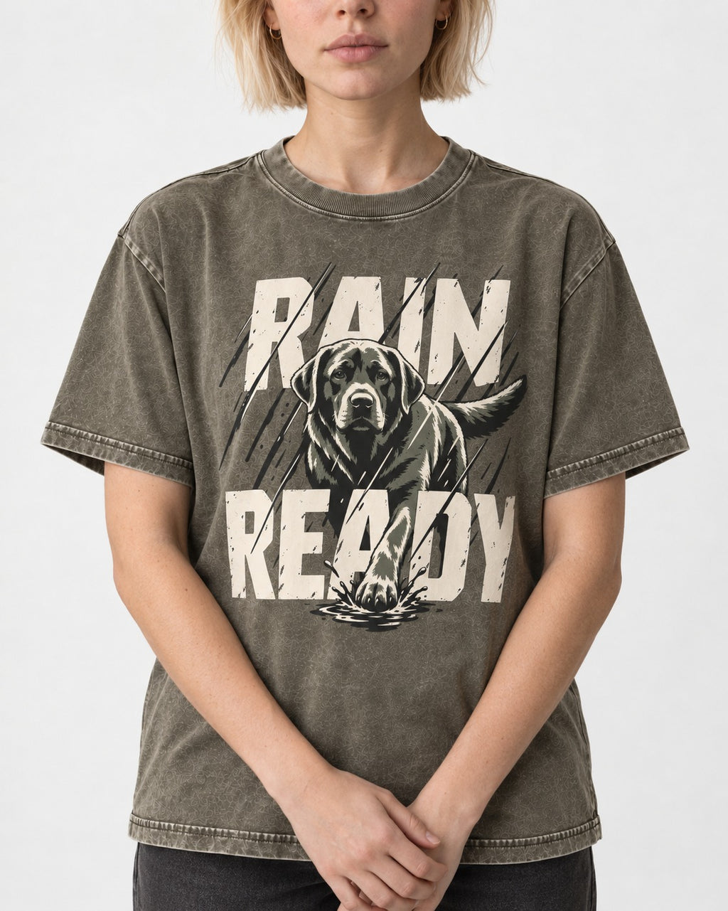 Labrador Retriever Rain Ready Charging Splash Graphic Washed Tee in Army Green, worn by a model, front view