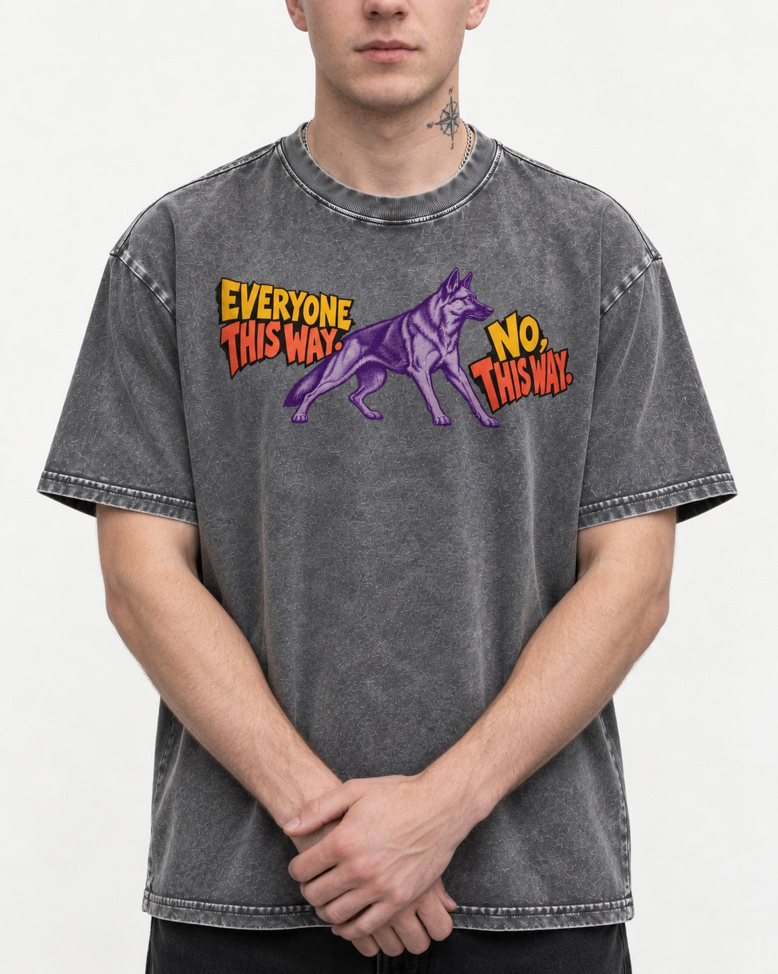 German Shepherd Dog Everyone This Way No This Way Direction Graphic Washed Tee in Gray, worn by a model, front view