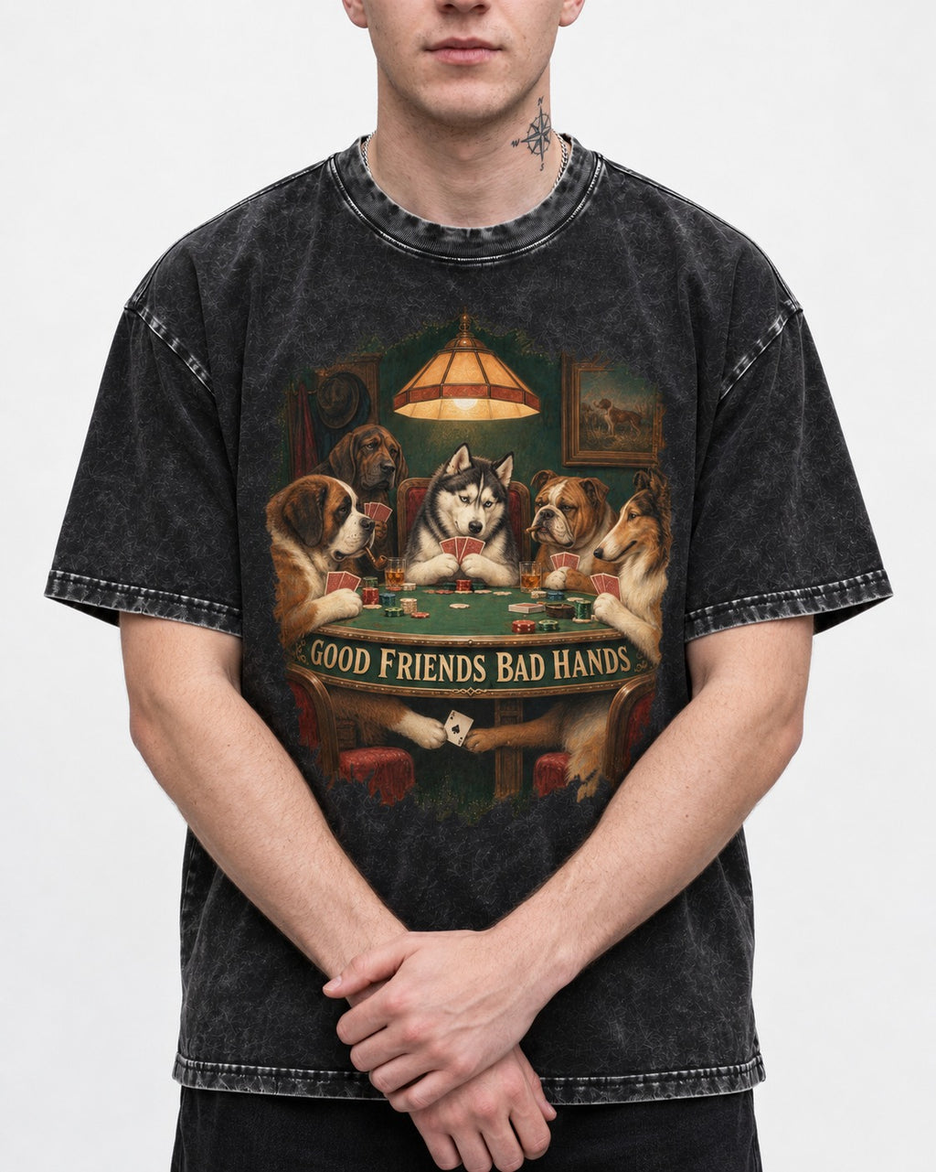 Husky Good Friends Bad Hands Poker Night Graphic Washed Tee in Black, worn by a model, front view
