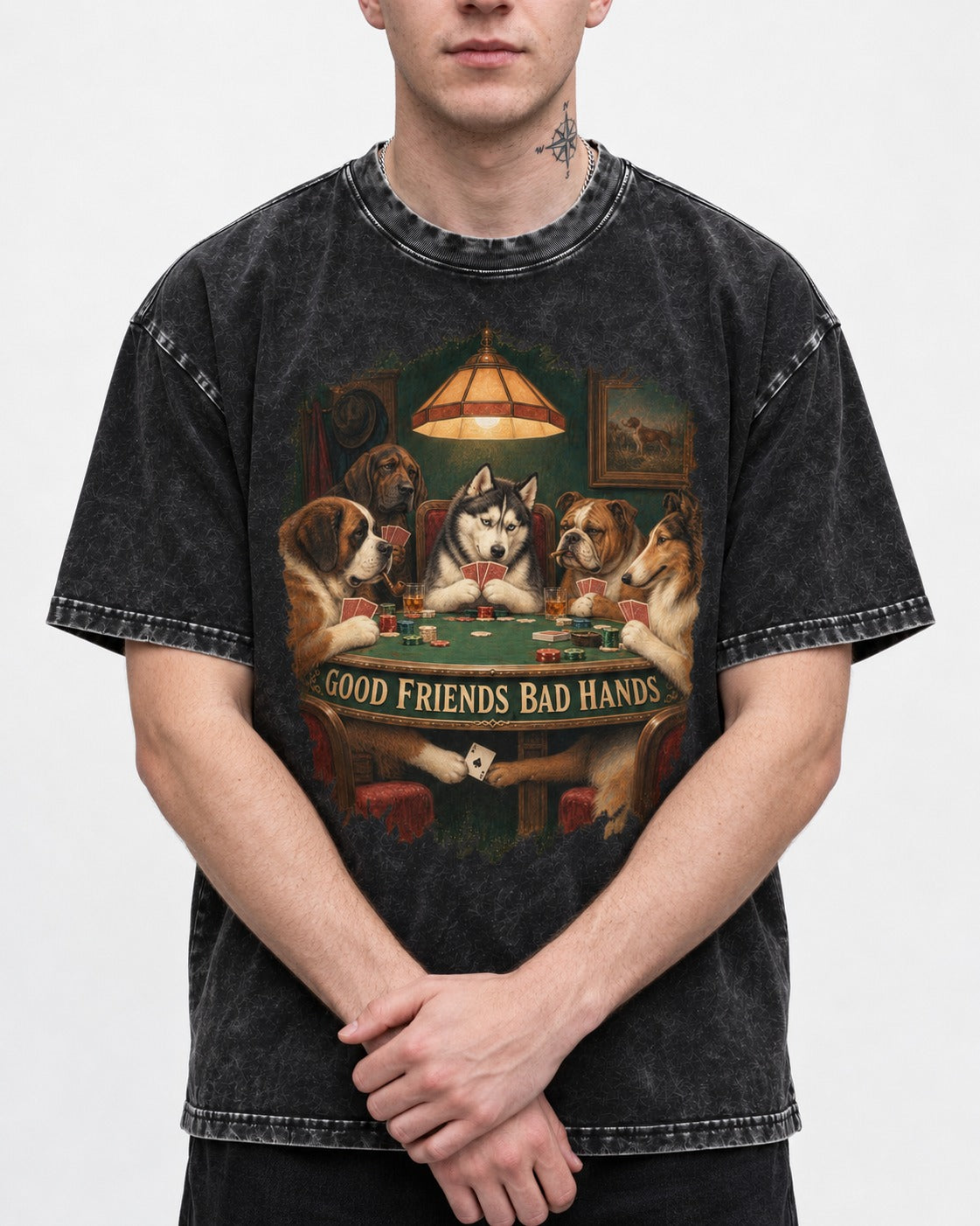 Husky Good Friends Bad Hands Poker Night Graphic Washed Tee in Black, worn by a model, front view