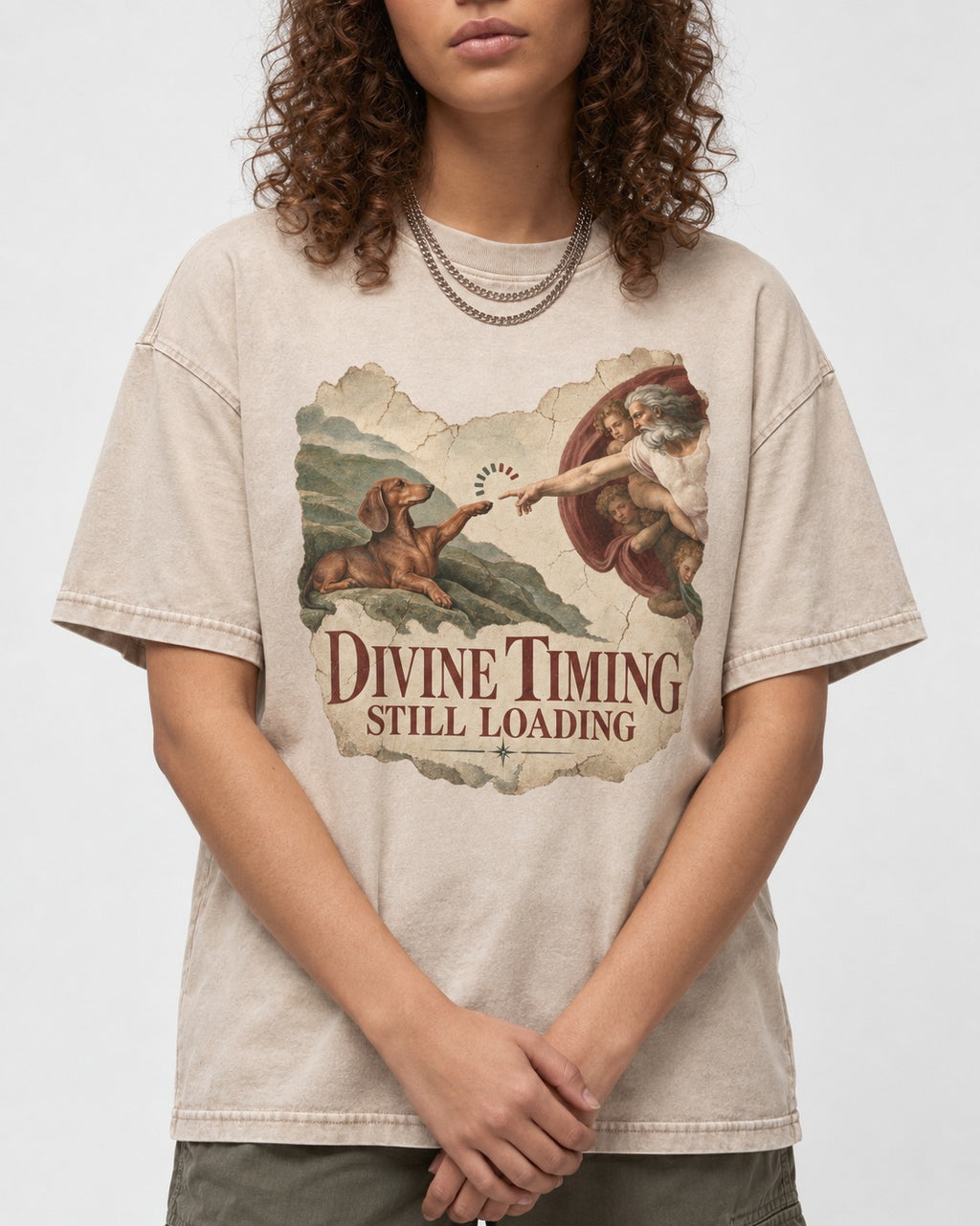 Dachshund's Divine Timing Washed Tee in Apricot, worn by a model, front view