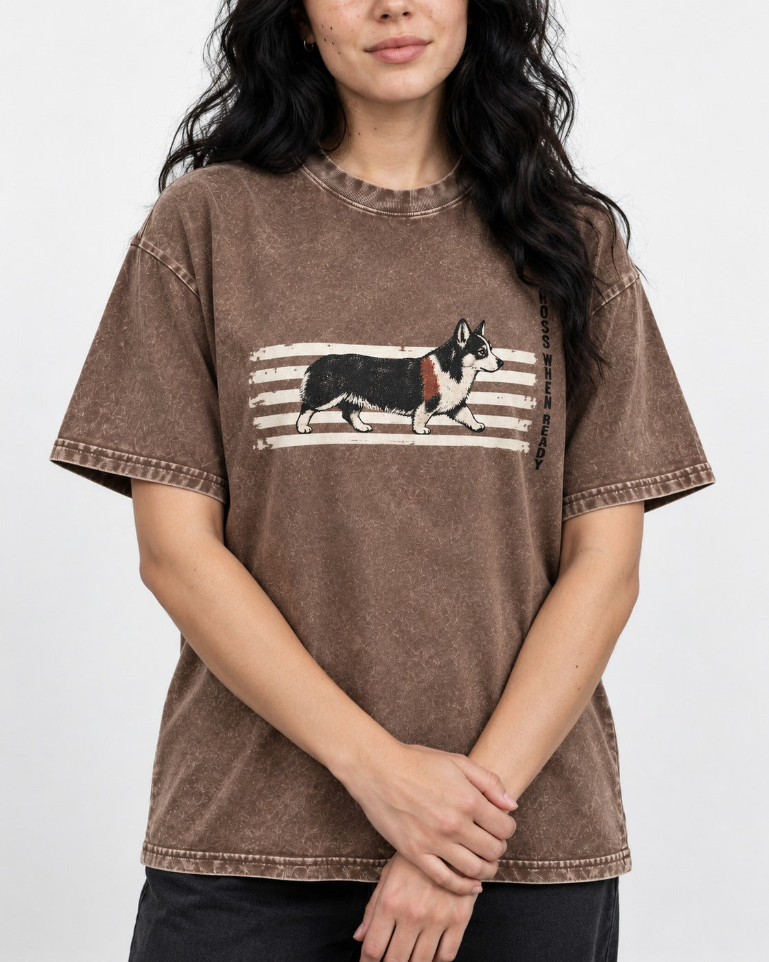 Corgi Cross When Ready Crossing Bars Graphic Washed Tee in Coffee, worn by a model, front view