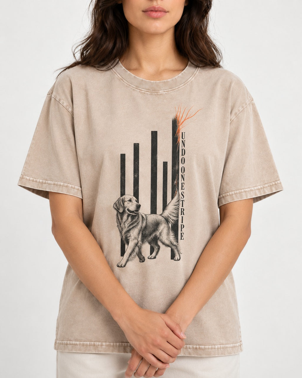 Undo One Stripe Golden Retriever Washed Tee in Apricot, worn by a model, front view