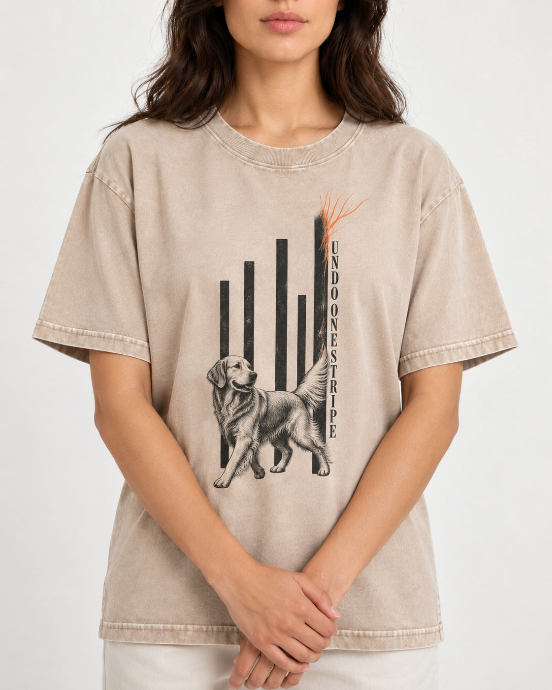 Undo One Stripe Golden Retriever Washed Tee in Apricot, worn by a model, front view